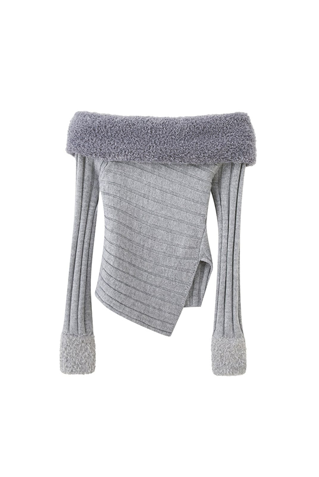 SweetChilling Faux Fur Trim Off The Shoulder Sweater in Gray