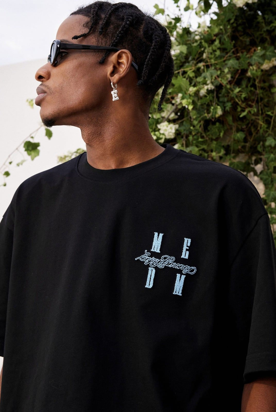 MEDM Tufted Logo Cotton T Shirt in Black - On Male Model
