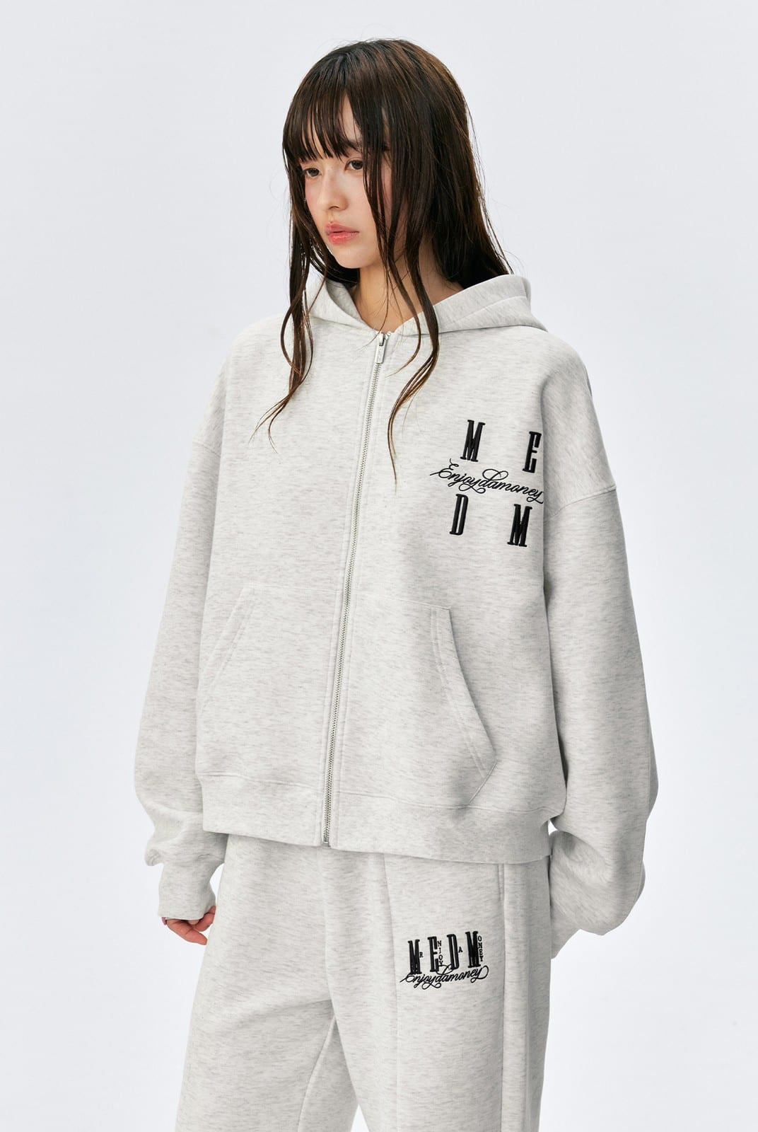 MEDM Embroidered Cotton Blend Zip Up Hoodie in Beige - On Female Model