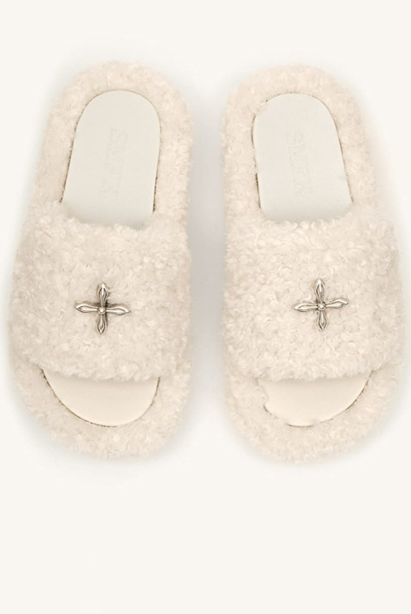 SMFK Cross Motif Faux Fur Platform Slides in White