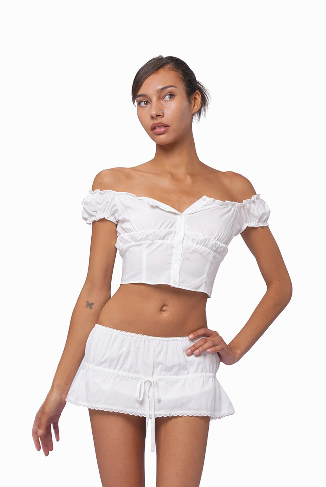 SweetChilling Drawstring Ruffled Mini Skirt in White - On Female Model
