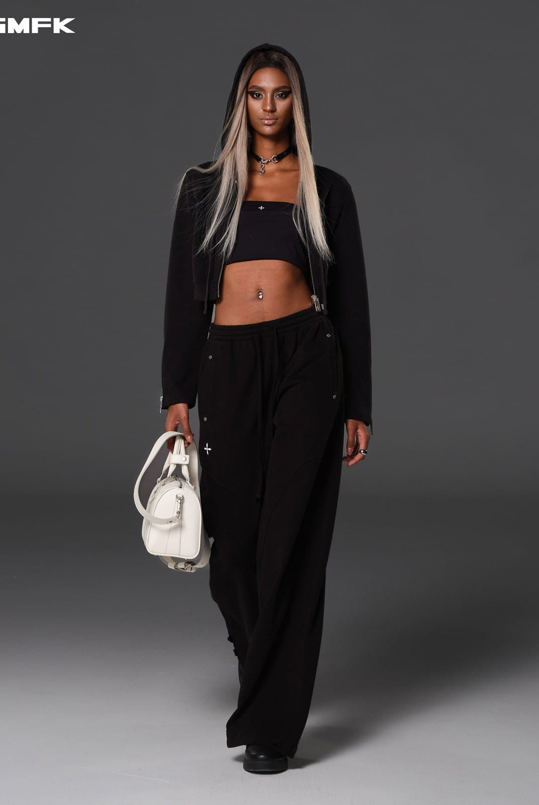 SMFK Cotton Wool Blend Cropped Zip Up Hoodie in Black - On Female Model