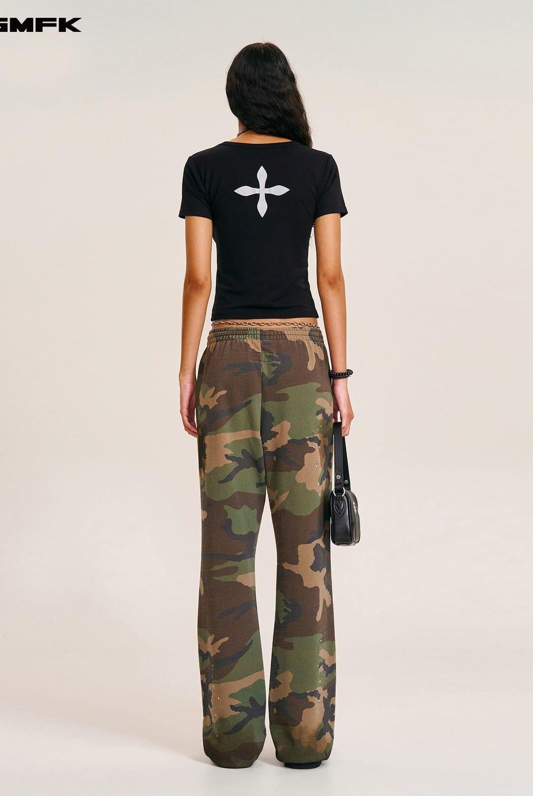 SMFK Acetate Blend Cross Graphic T Shirt in Black - On Female Model