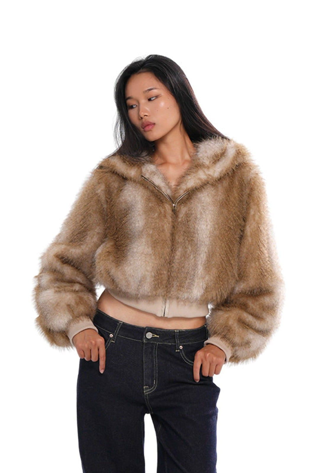 SweetChilling Faux Fur Hooded Cropped Jacket in Brown