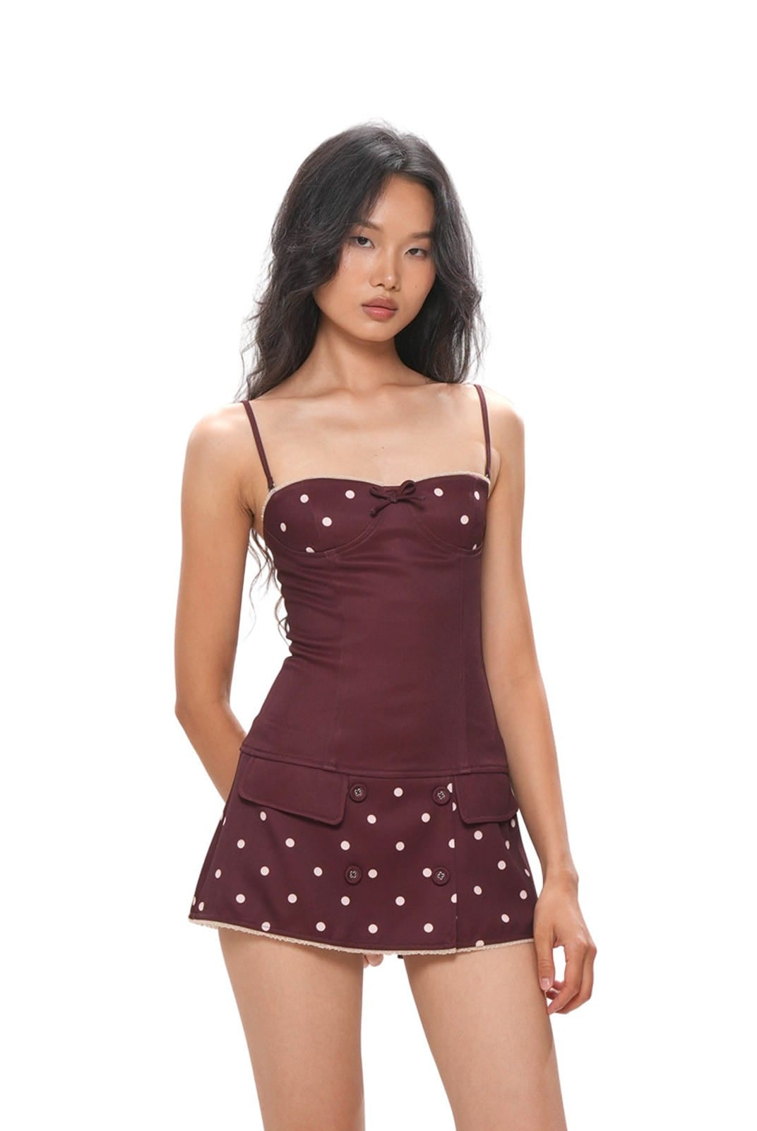 SweetChilling Polka Dot Bustier Mini Dress in Brown - On Female Model