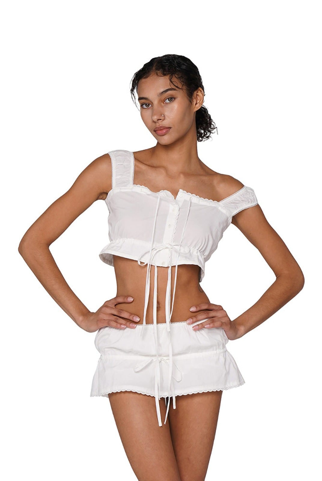 SweetChilling Scalloped Tie Front Cotton Blend Crop Top in White - On Female Model