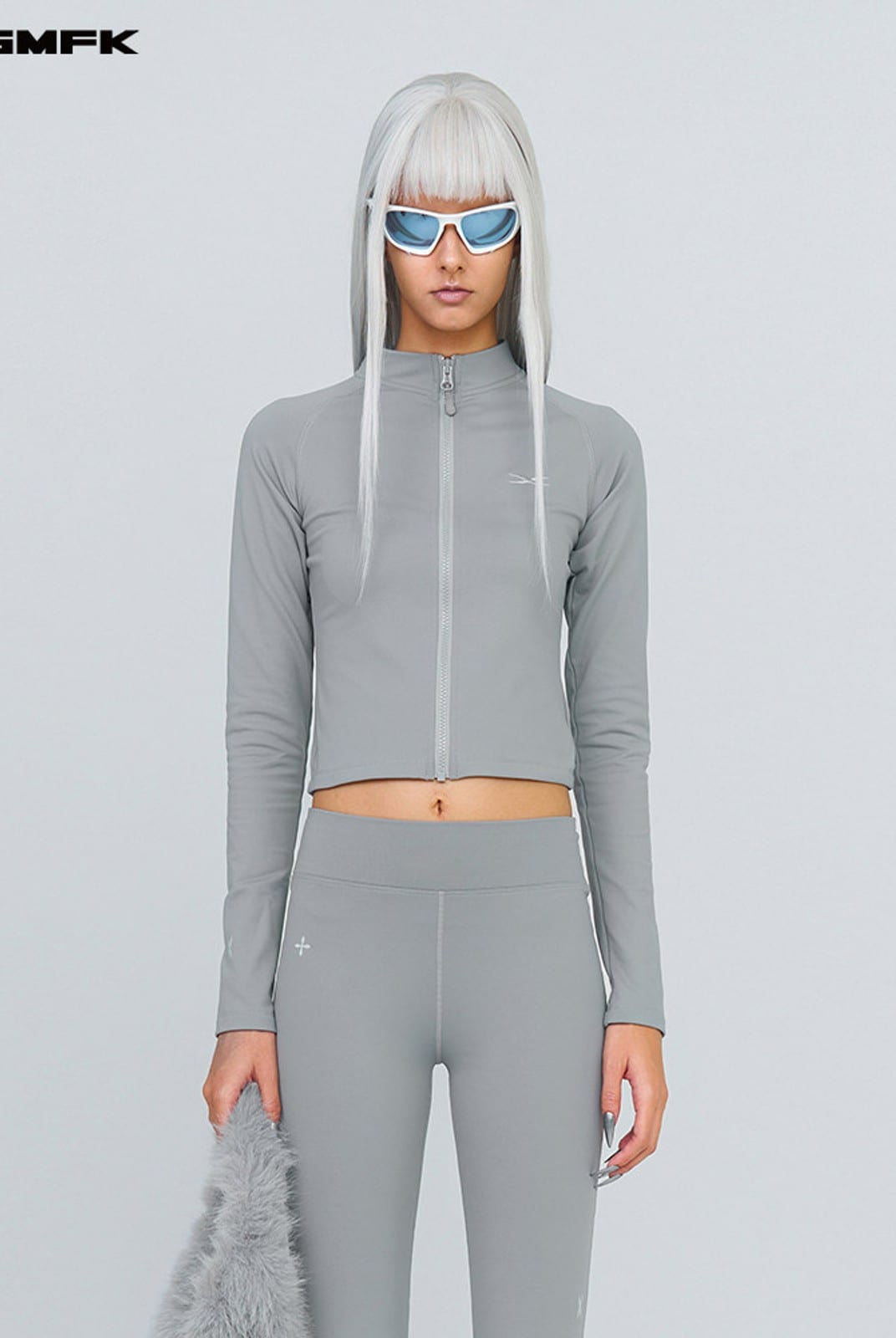 SMFK Brushed Fleece Zip Up Cropped Jacket in Gray - On Female Model