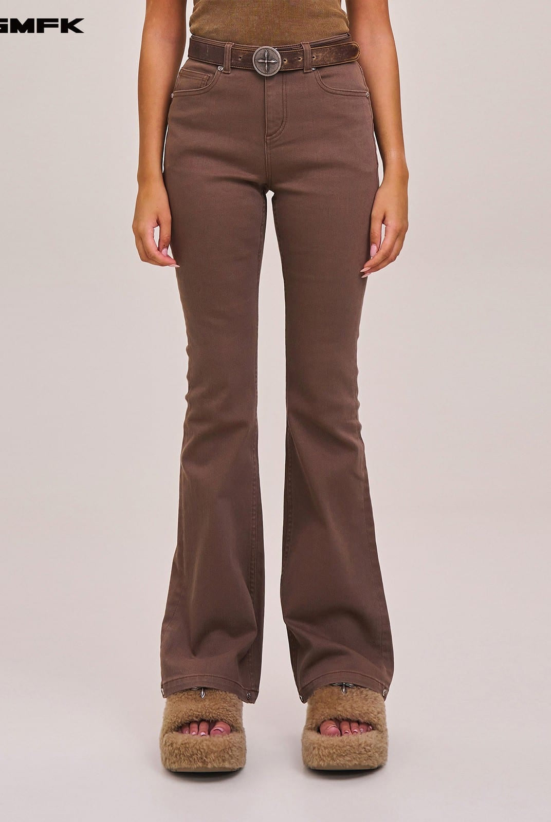 SMFK Stretch Cotton Flared Jeans in Brown - On Female Model