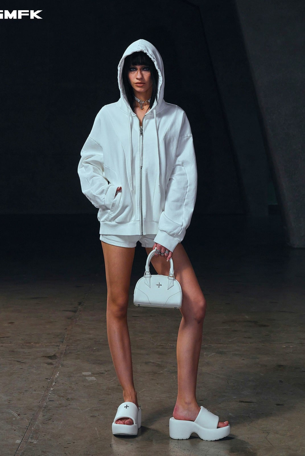 SMFK Oversized Zip Up Cotton Hoodie in Gray - On Female Model