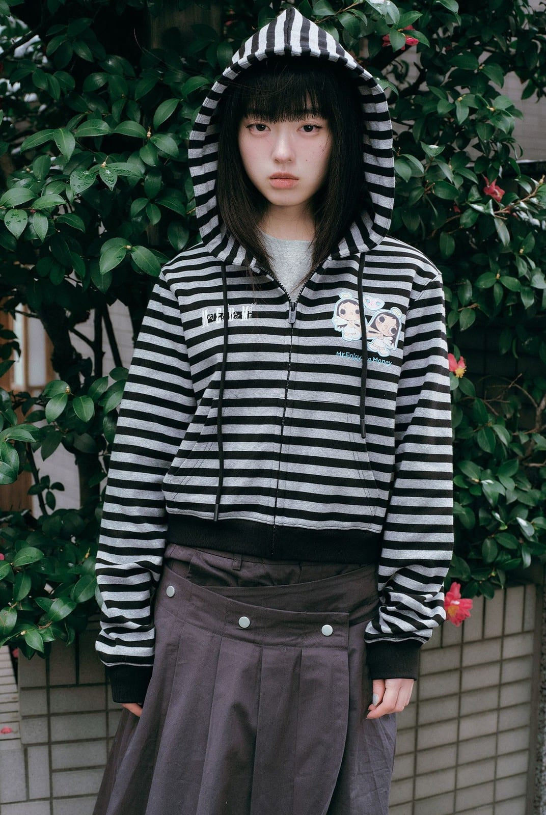 MEDM Cropped Striped Applique Zip Hoodie in Black - On Female Model