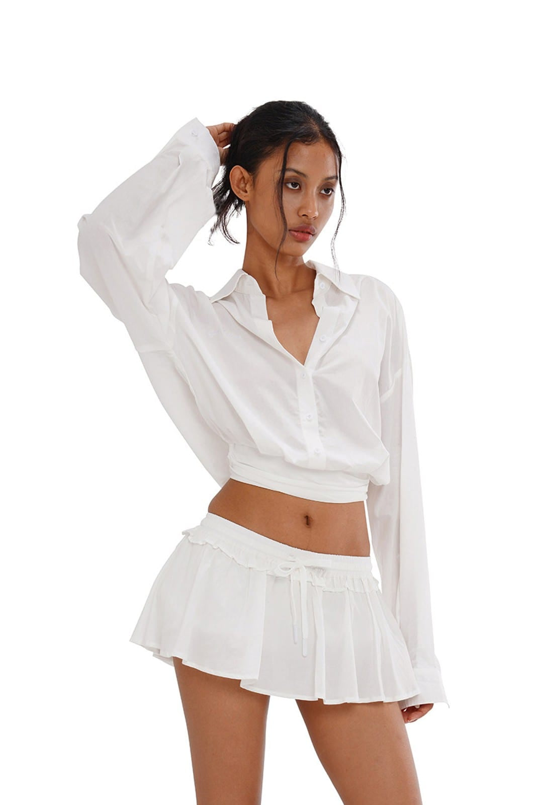 SweetChilling Wrap Hem Cropped Shirt in White - On Female Model