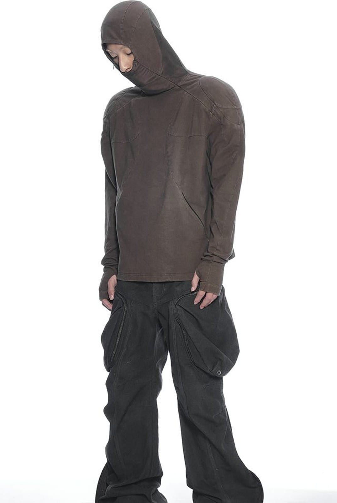 D5ove Hooded Shoulder Pad Pullover in Brown - On Male Model