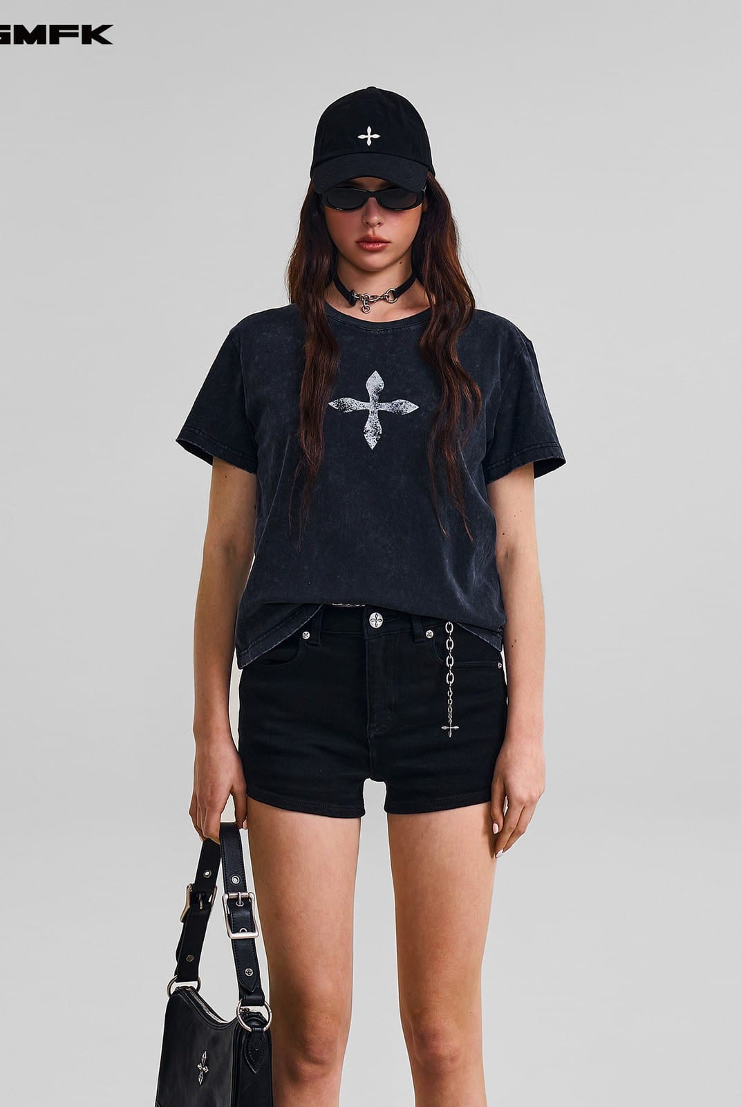 SMFK Vintage Wash Cross Graphic T Shirt in Gray - On Female Model