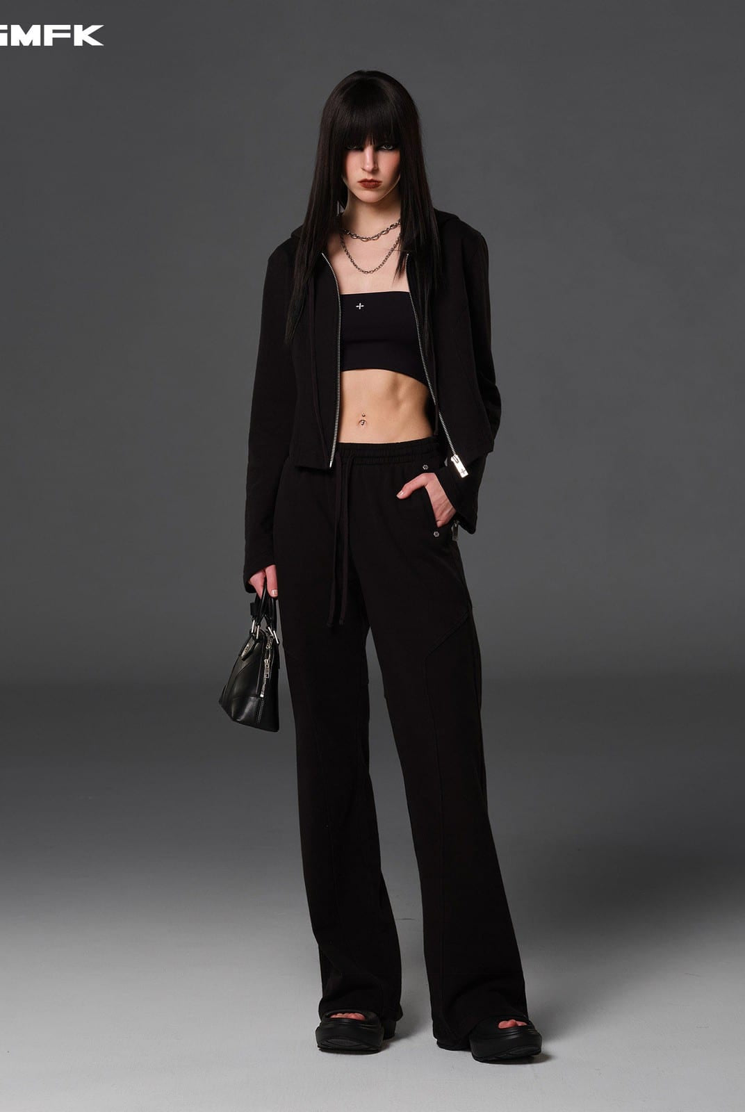 SMFK Cotton Wool Straight Leg Sweatpants in Black - On Female Model