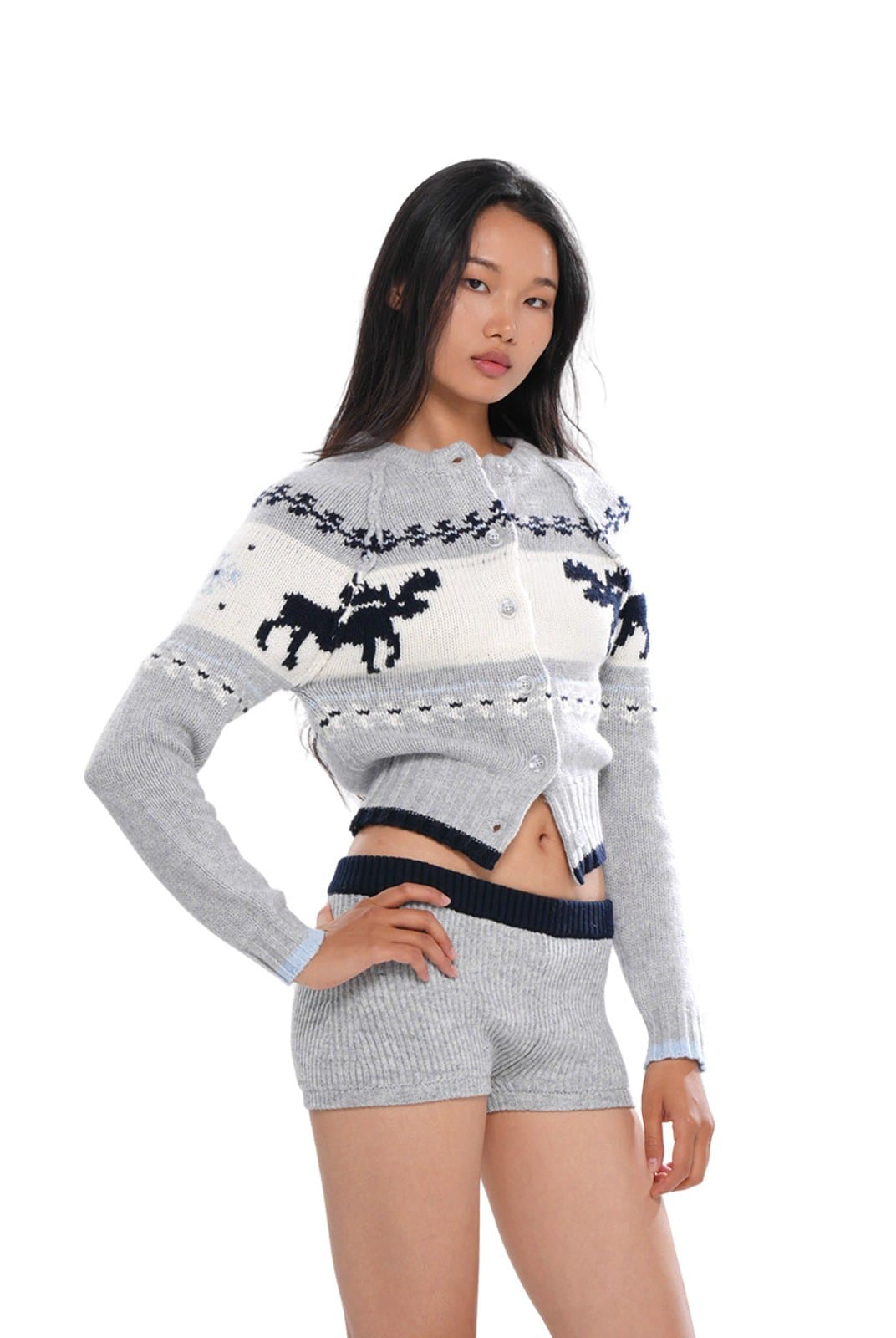SweetChilling Reindeer Jacquard Wool Blend Cardigan in Gray - On Female Model