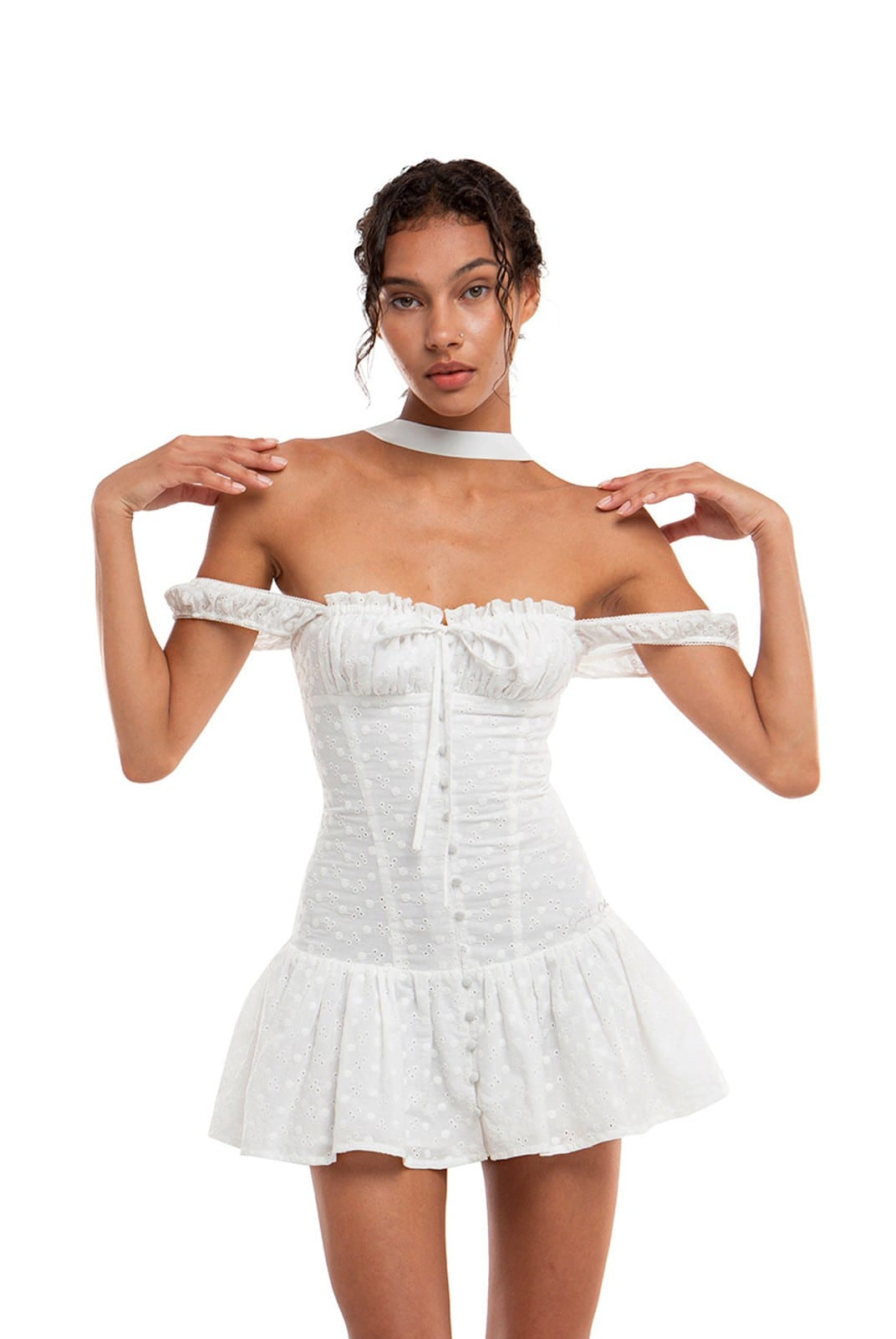 SweetChilling Eyelet Cotton Off Shoulder Mini Dress in White - On Female Model