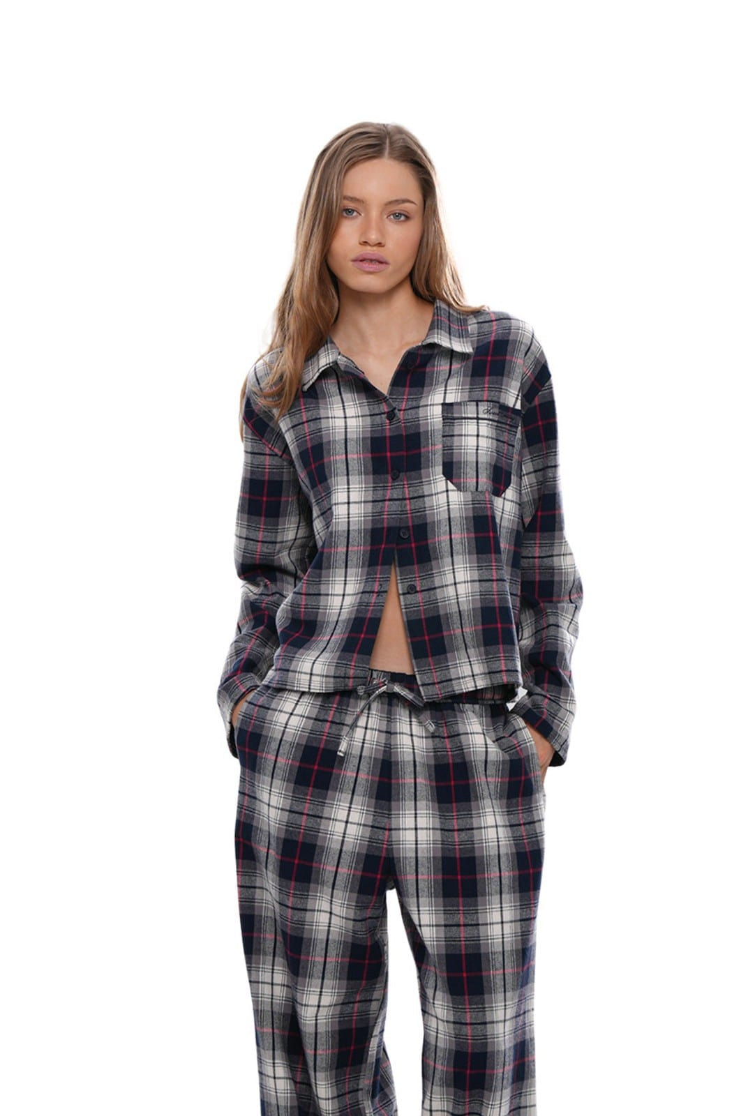 SweetChilling Plaid Cotton Lounge Pants in White - On Female Model
