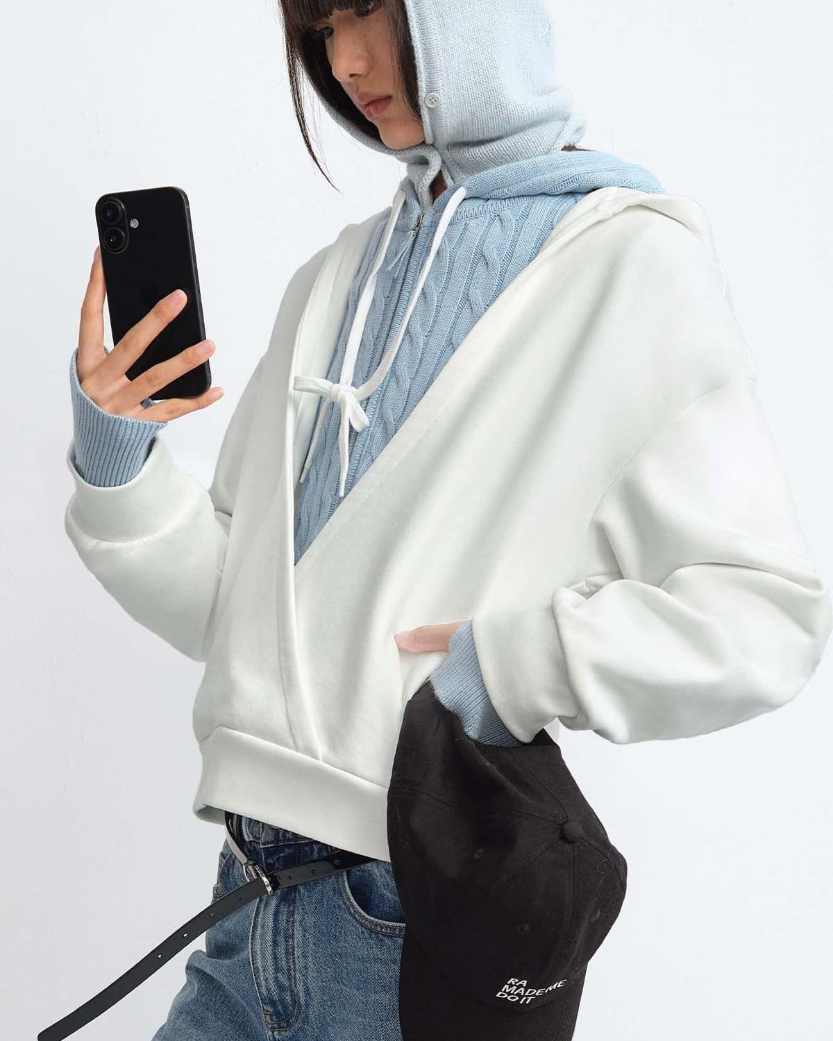 RARELY ALIKE Cotton V Neck Wrap Hoodie in White - On Female Model