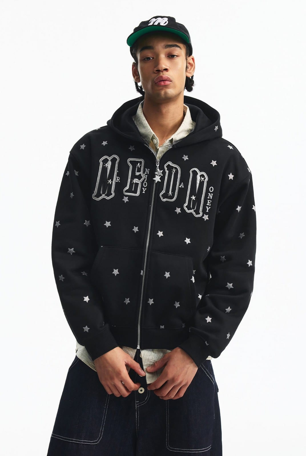 MEDM Fleece Lined Star Print Zip Hoodie in Black - On Male Model