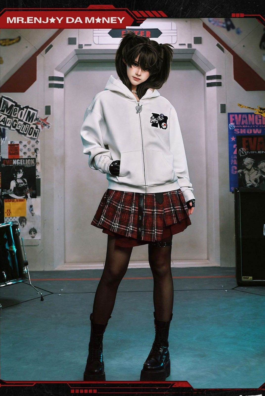 MEDM Tufted Embroidery Zip Up Hoodie in White - On Female Model