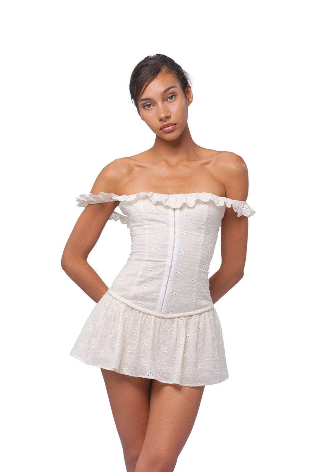 SweetChilling Cotton Eyelet Off Shoulder Mini Dress in White - On Female Model