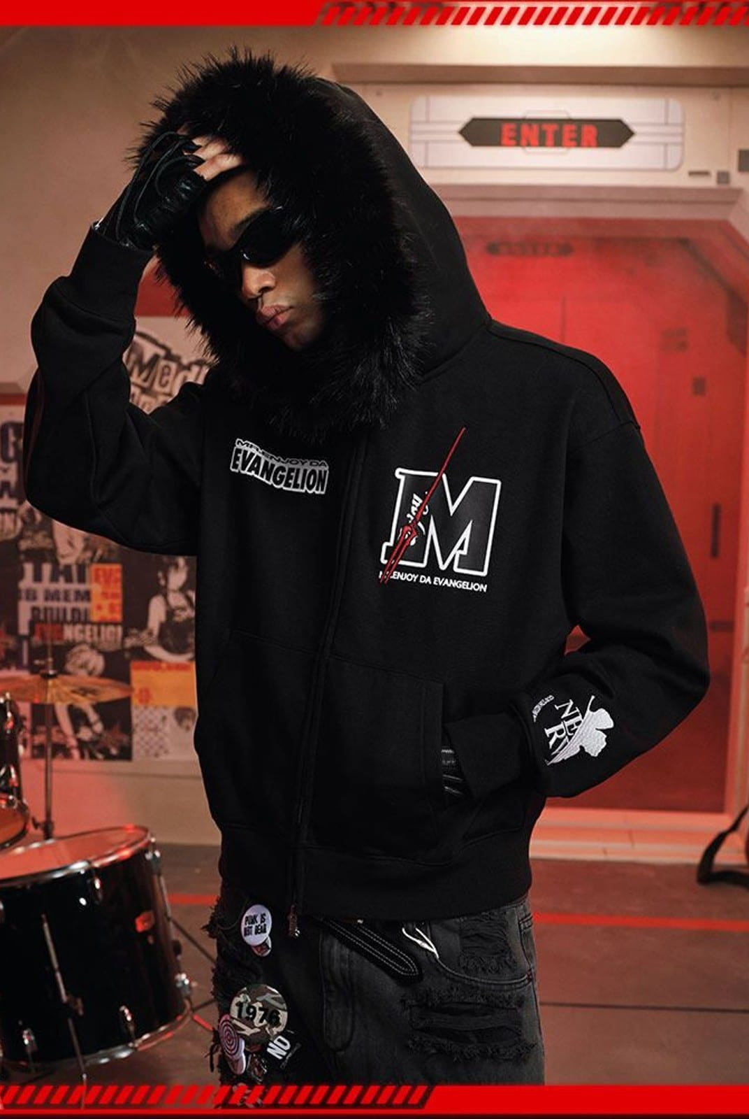 MEDM Faux Fur Trimmed Graphic Zip Hoodie in Black - On Male Model