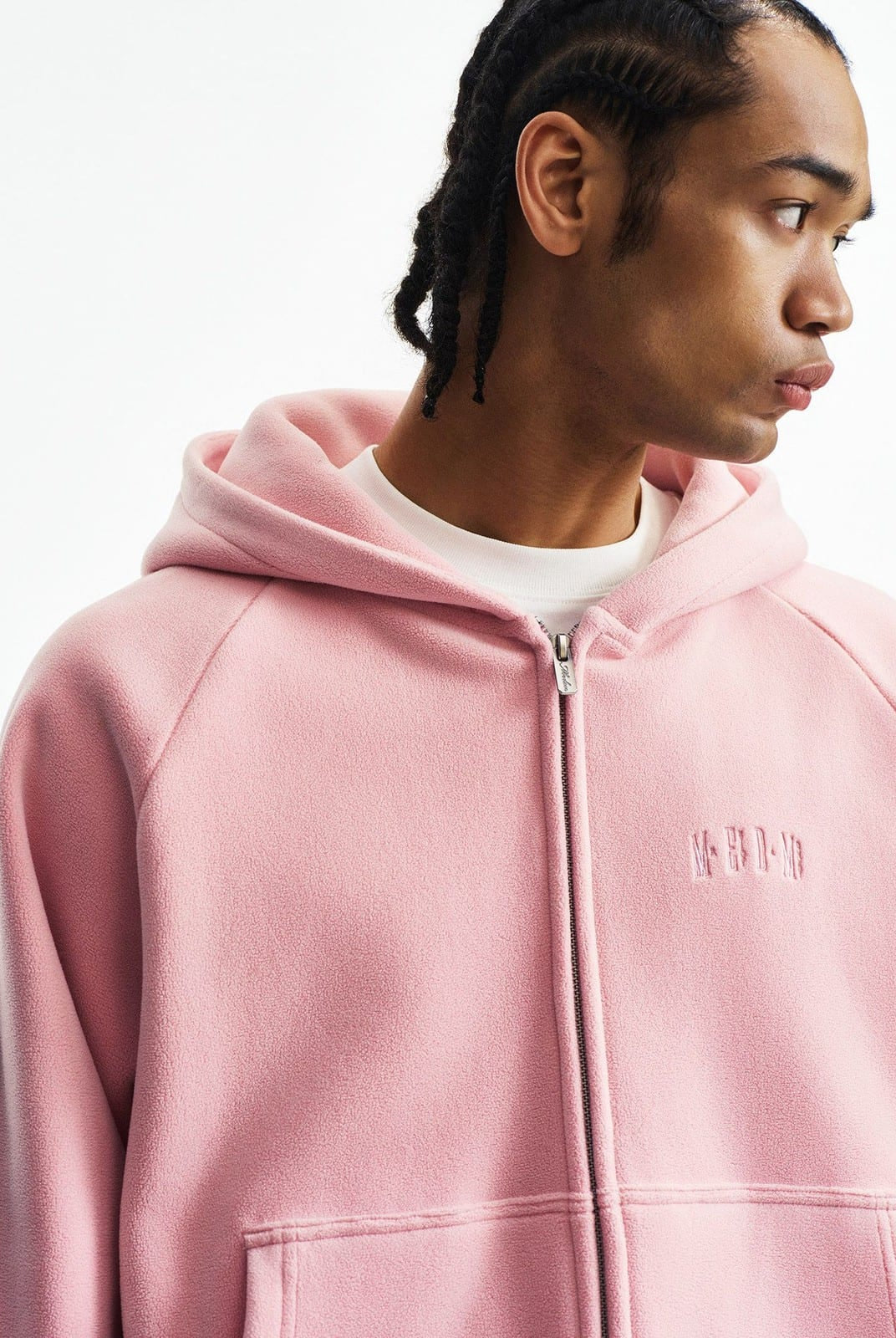 MEDM Fleece Zip Hoodie Drawstring Pants Set in Pink - On Male Model