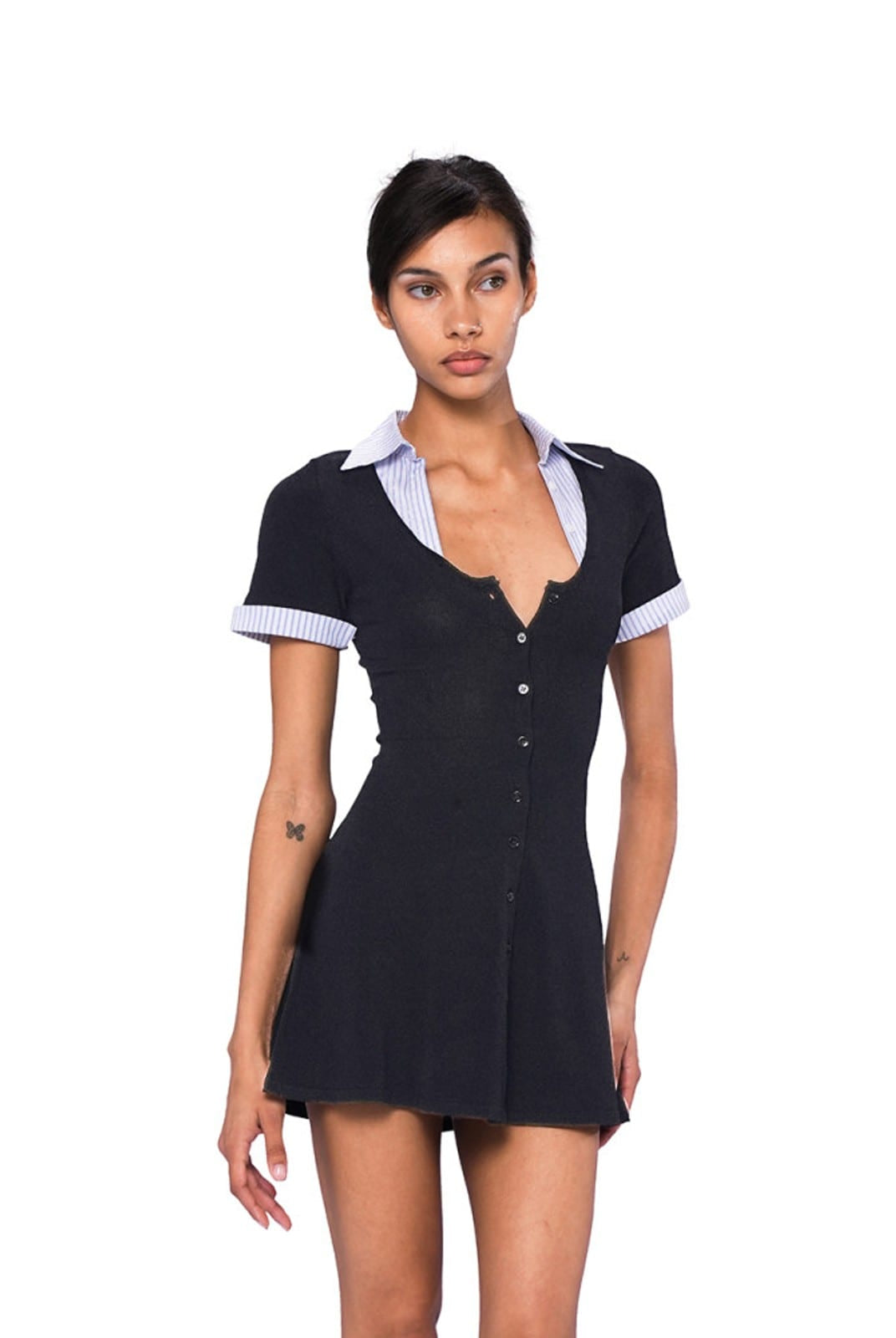 SweetChilling Contrast Collar Knit Mini Dress in Black - On Female Model