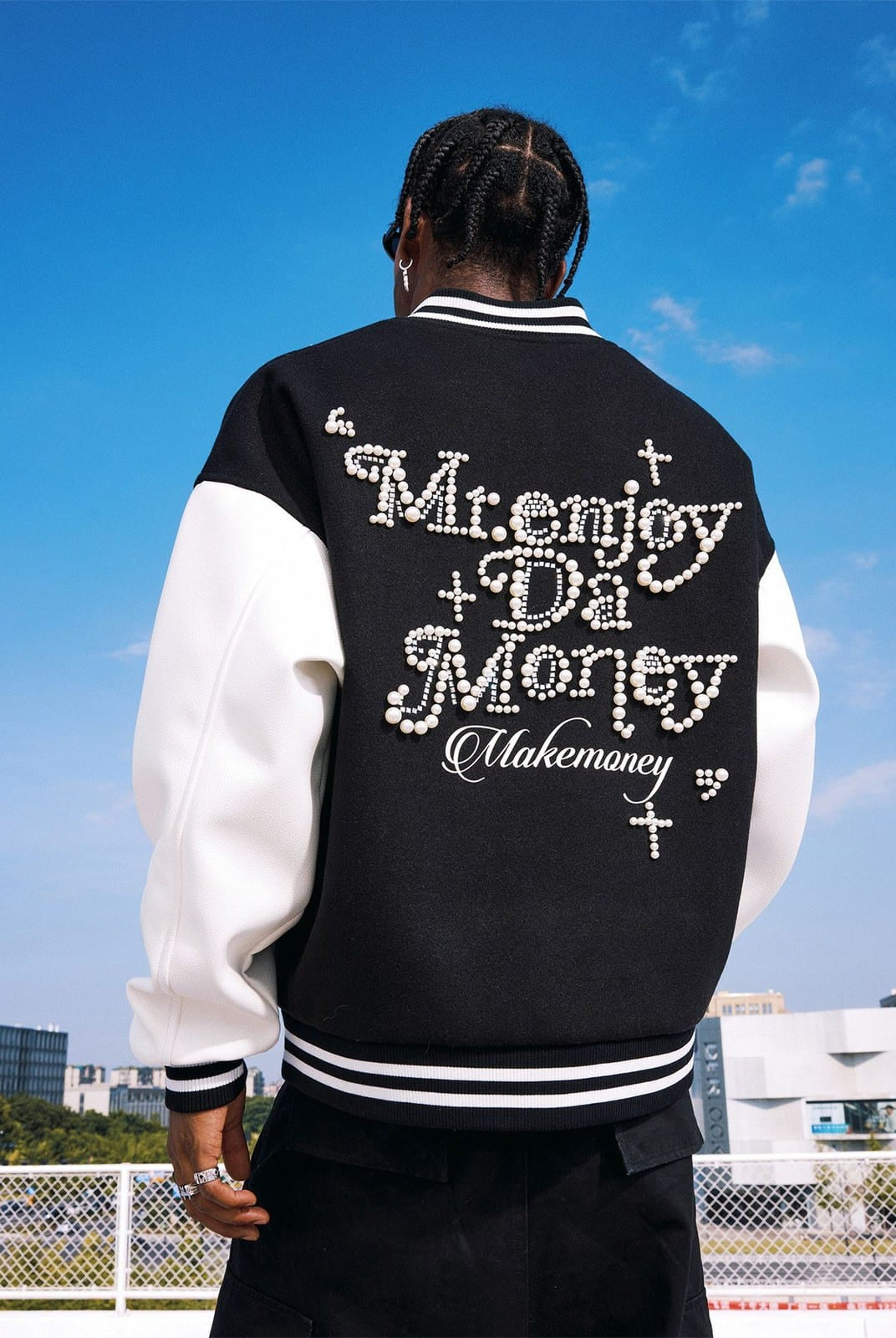 MEDM Pearl Embellished Varsity Jacket in Black - On Model