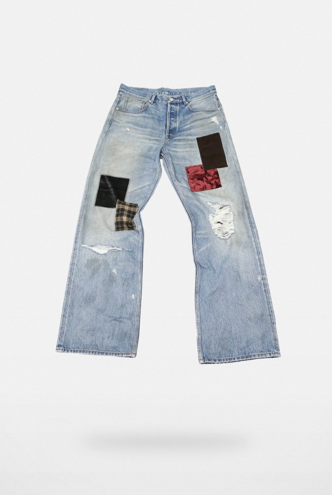 SOD Co. Patchwork Velvet Plaid Flare Jeans in Blue