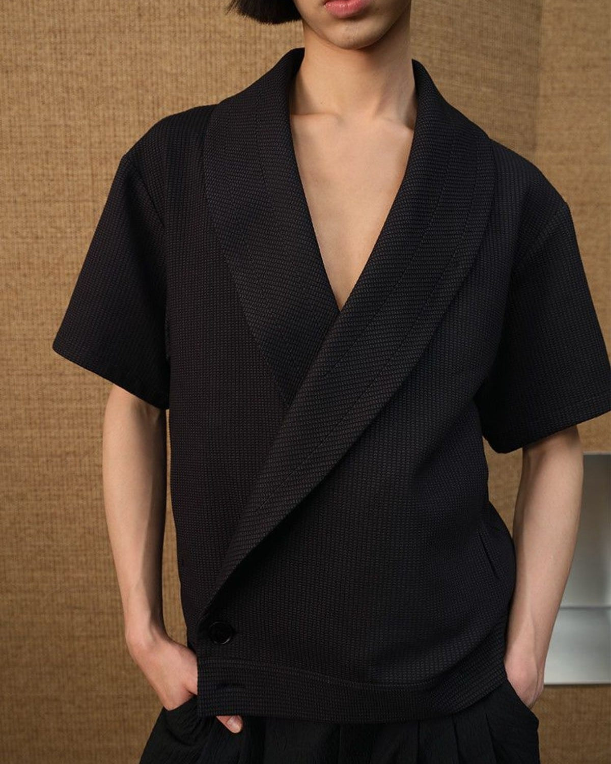 JCAESAR STUDIO Jacquard Shawl Collar Short Sleeve Shirt in Black - On Male Model