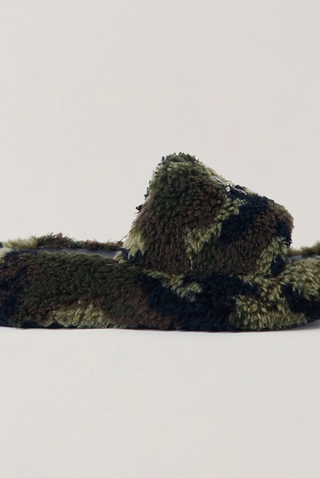 SMFK Cross Hardware Shearling High Heel Mules in Olive