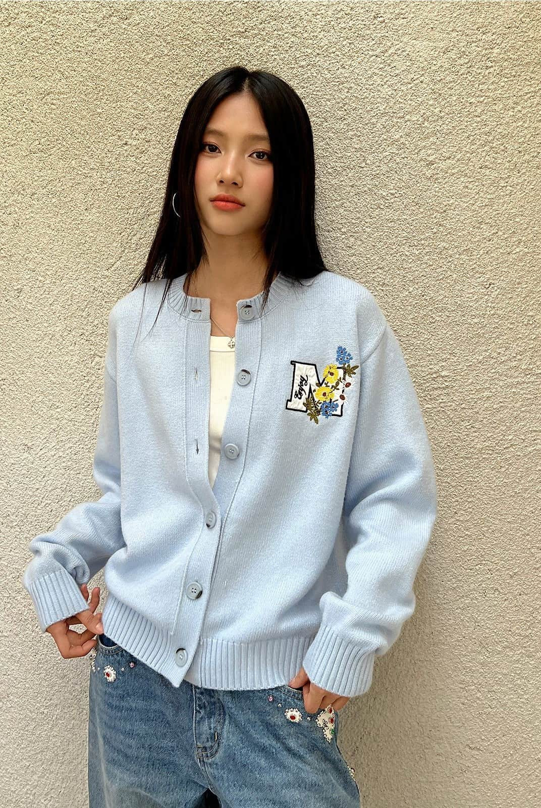 MEDM Floral Embroidered Knit Cardigan in Sky Blue - On Female Model