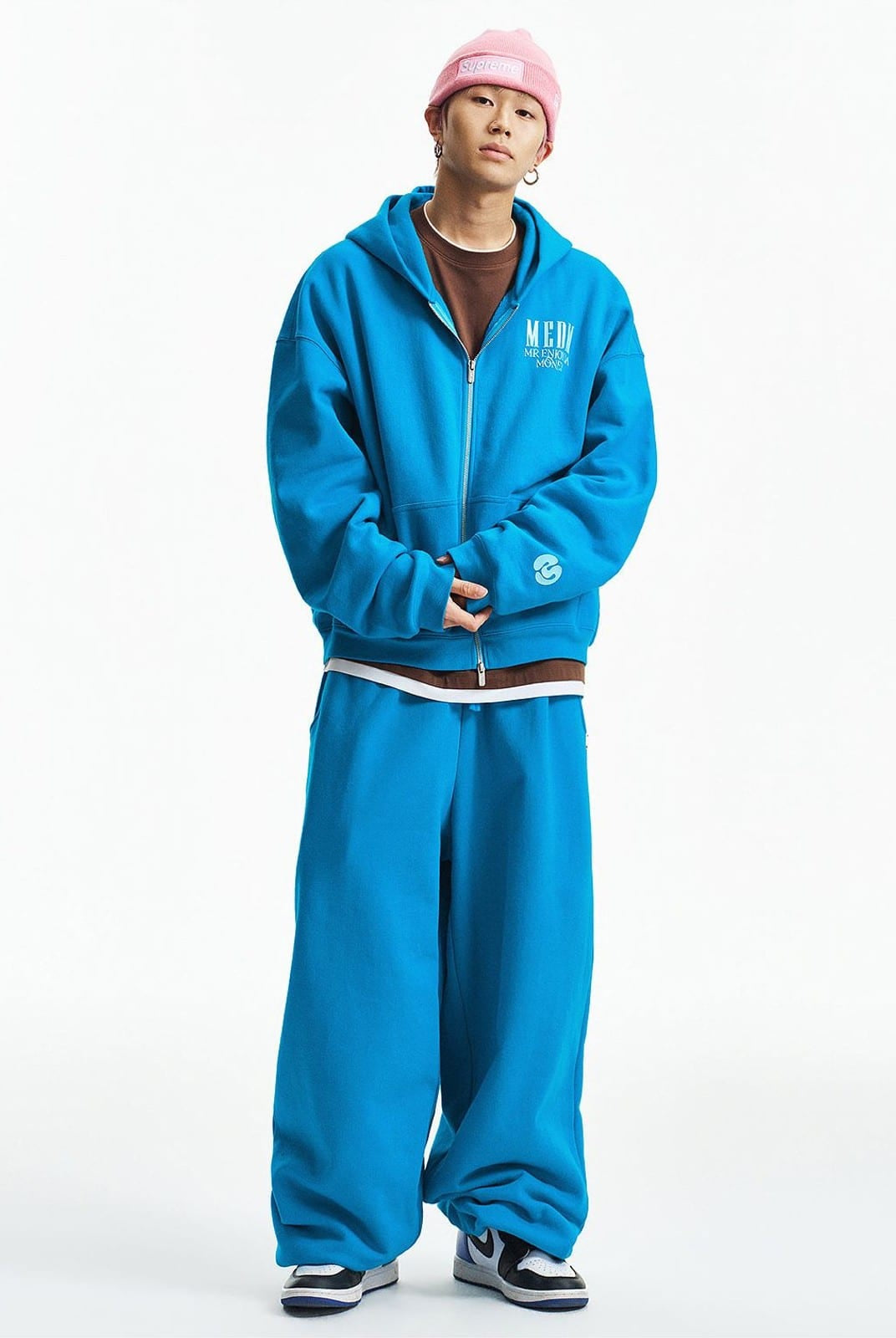 MEDM 3D Logo Two Way Zip Cotton Hoodie in Blue - On Male Model