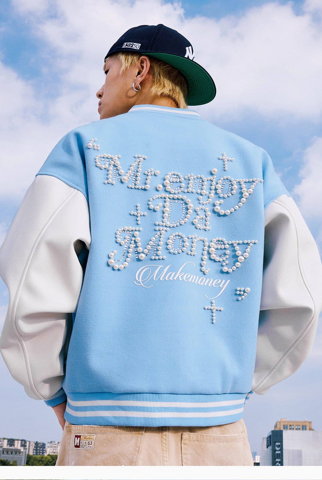 MEDM Pearl Embellished Varsity Jacket in Sky Blue - On Model