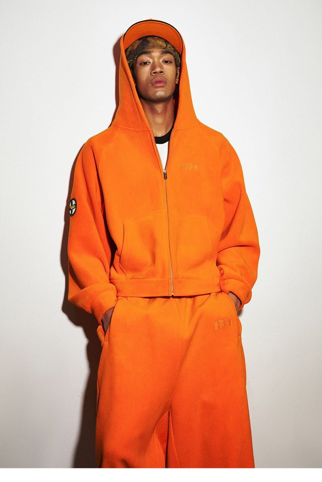 MEDM Polar Fleece Zip Up Hoodie in Orange - On Male Model