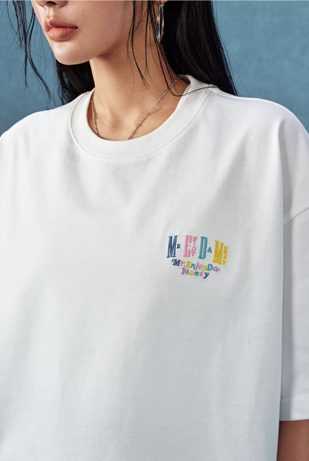 MEDM Letter Embroidery Cotton T Shirt in White - On Female Model