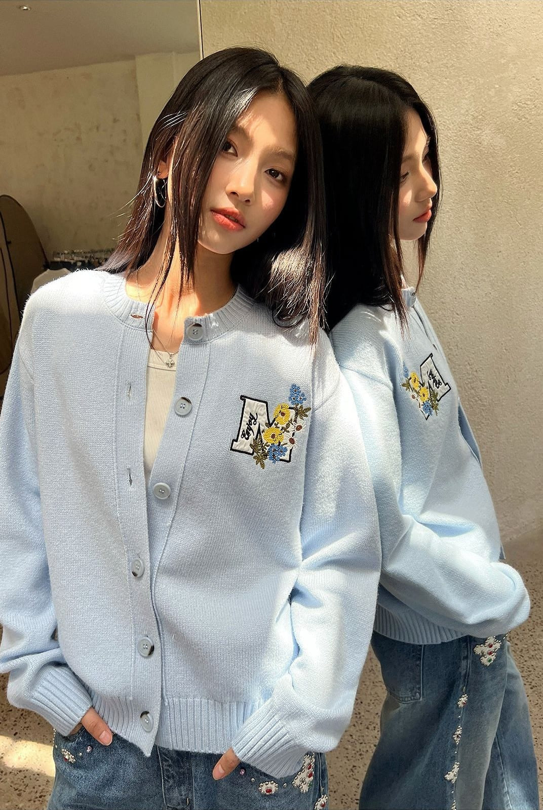 MEDM Floral Embroidered Knit Cardigan in Sky Blue - On Female Model