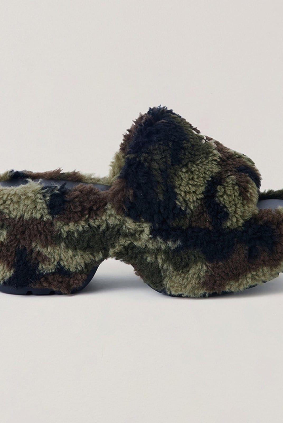SMFK Cross Hardware Shearling High Heel Mules in Olive