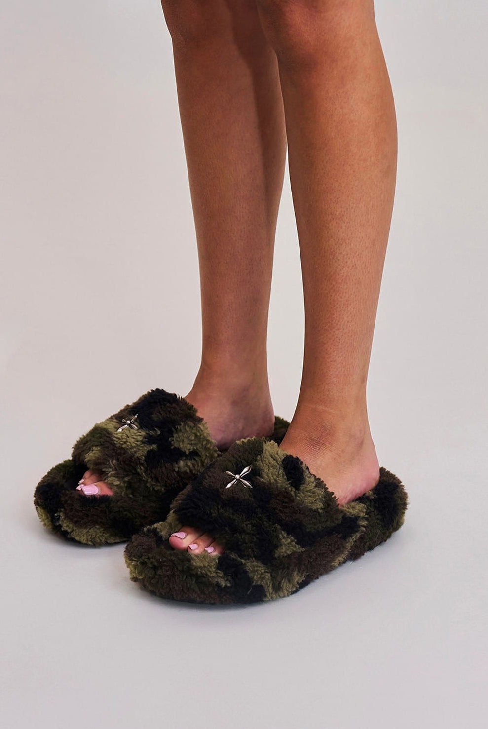 SMFK Cross Hardware Shearling High Heel Mules in Olive - On Female Model