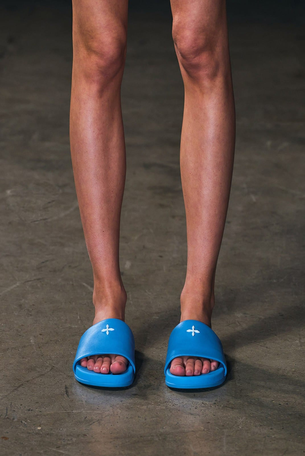 SMFK Leather Cross Detail Slide Sandals in Blue - On Model
