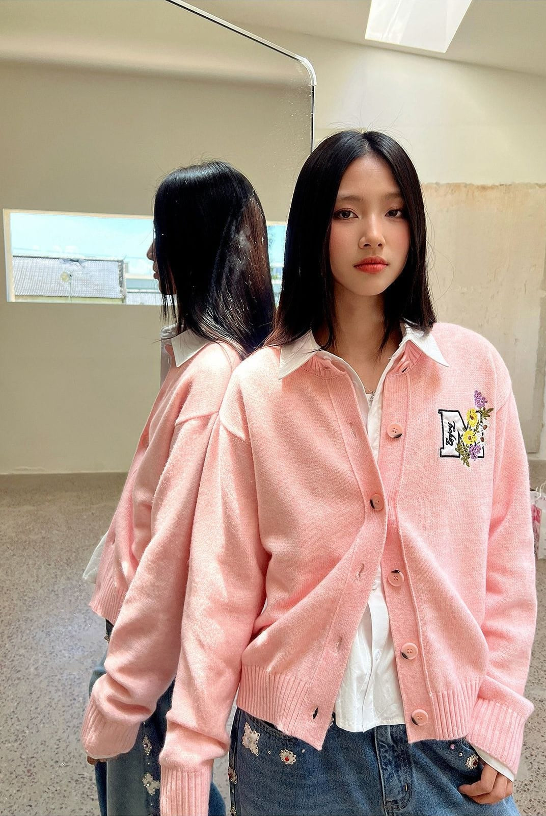 MEDM Floral Embroidered Knit Cardigan in Pink - On Female Model