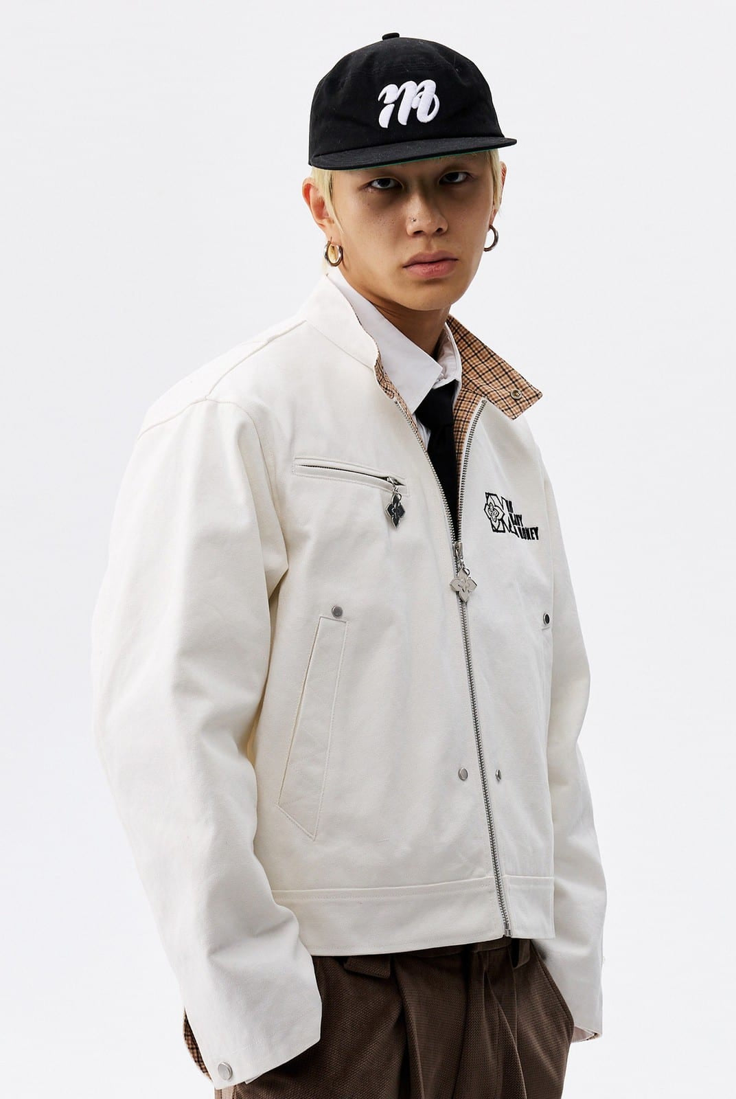 MEDM Plaid Collar Cotton Zip Up Jacket in White - On Male Model