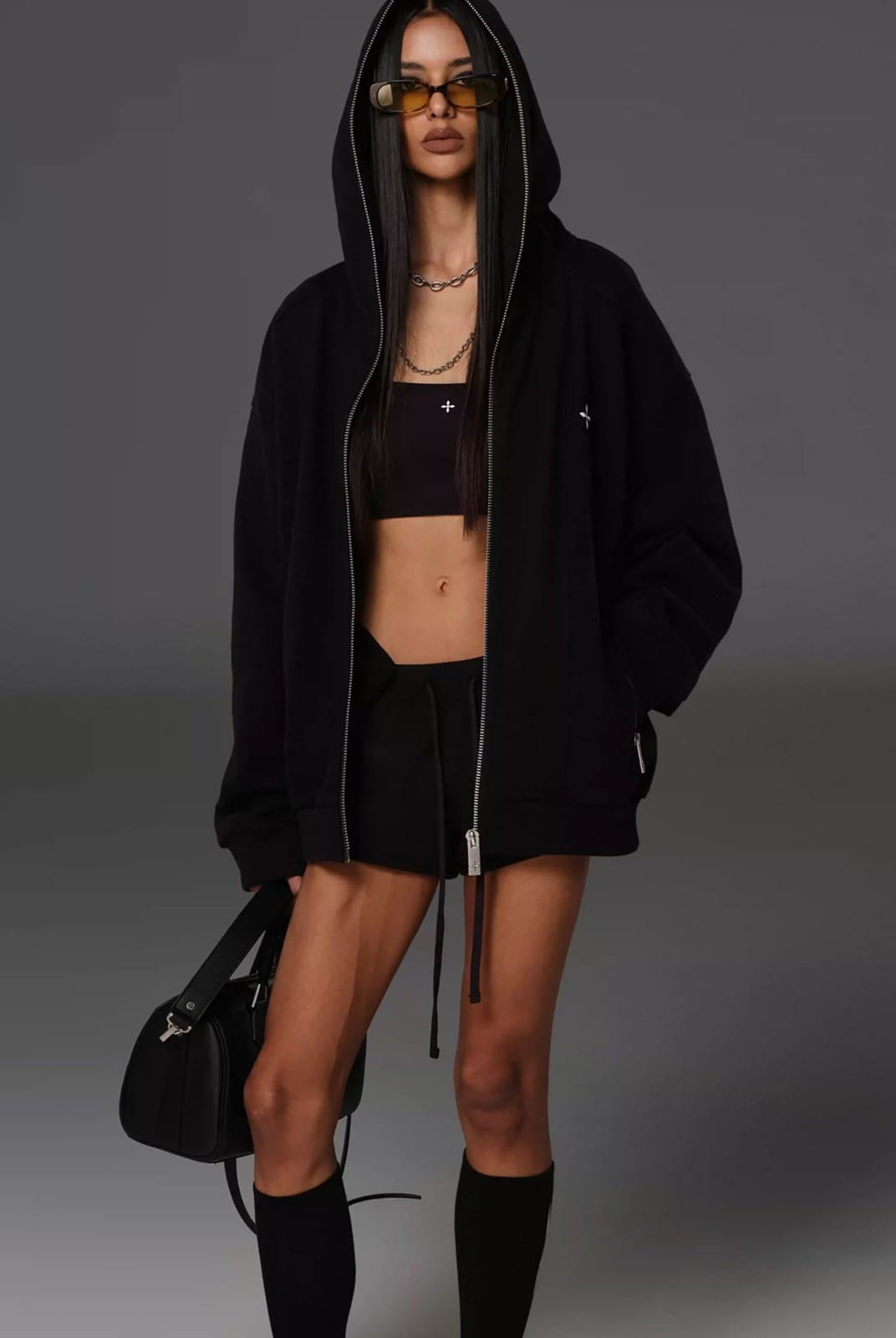 SMFK Cotton Wool Oversized Zip Up Hoodie in Black - On Female Model