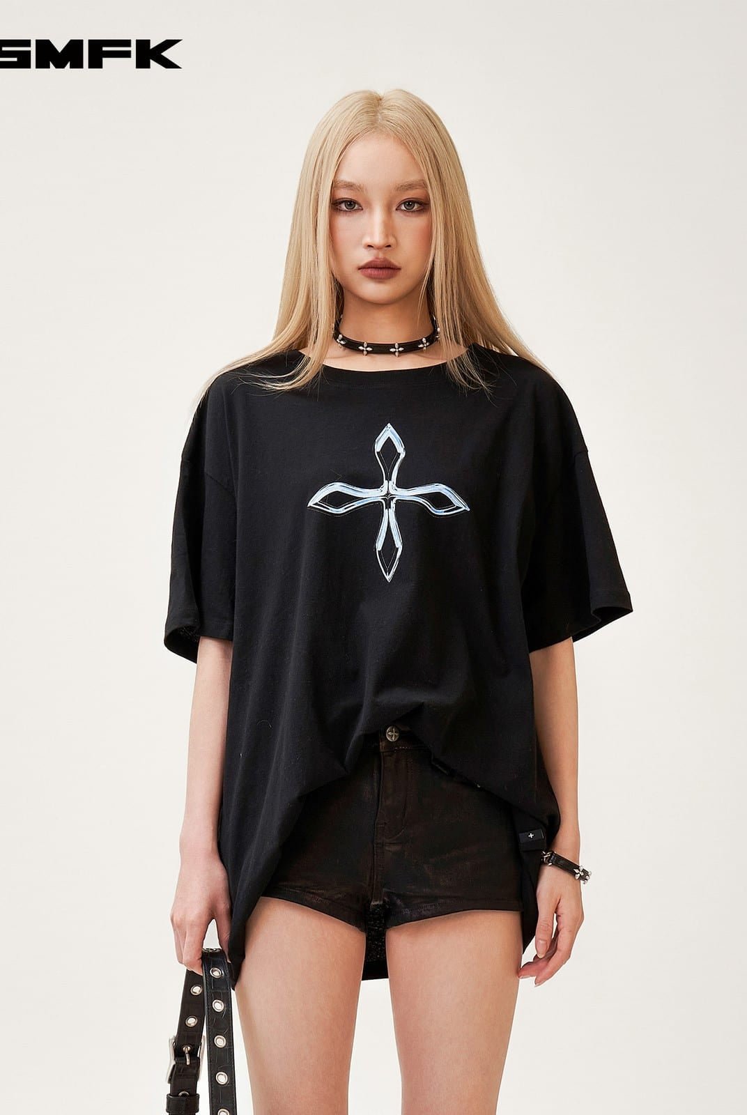 SMFK Cross Graphic Cotton T Shirt in Black - On Female Model