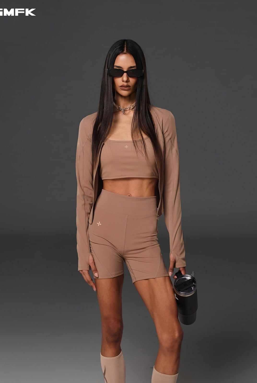 SMFK Scoop Neck Zip Up Sports Jacket in Brown - On Female Model