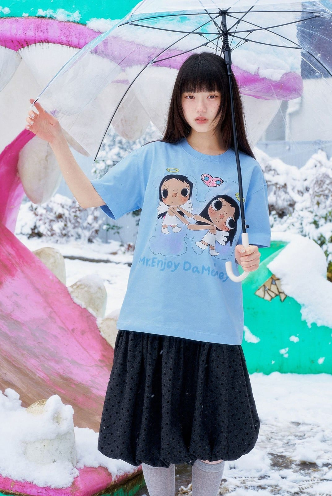 MEDM Embroidered Heart Cotton T Shirt in Sky Blue - On Female Model