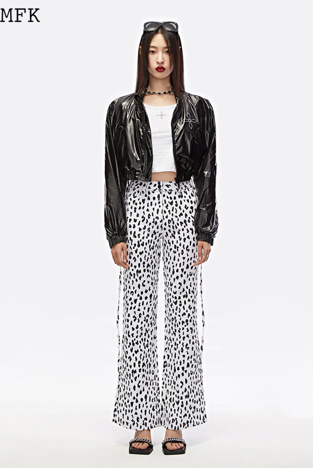 SMFK High Waisted Leopard Print Flared Pants in White - On Female Model