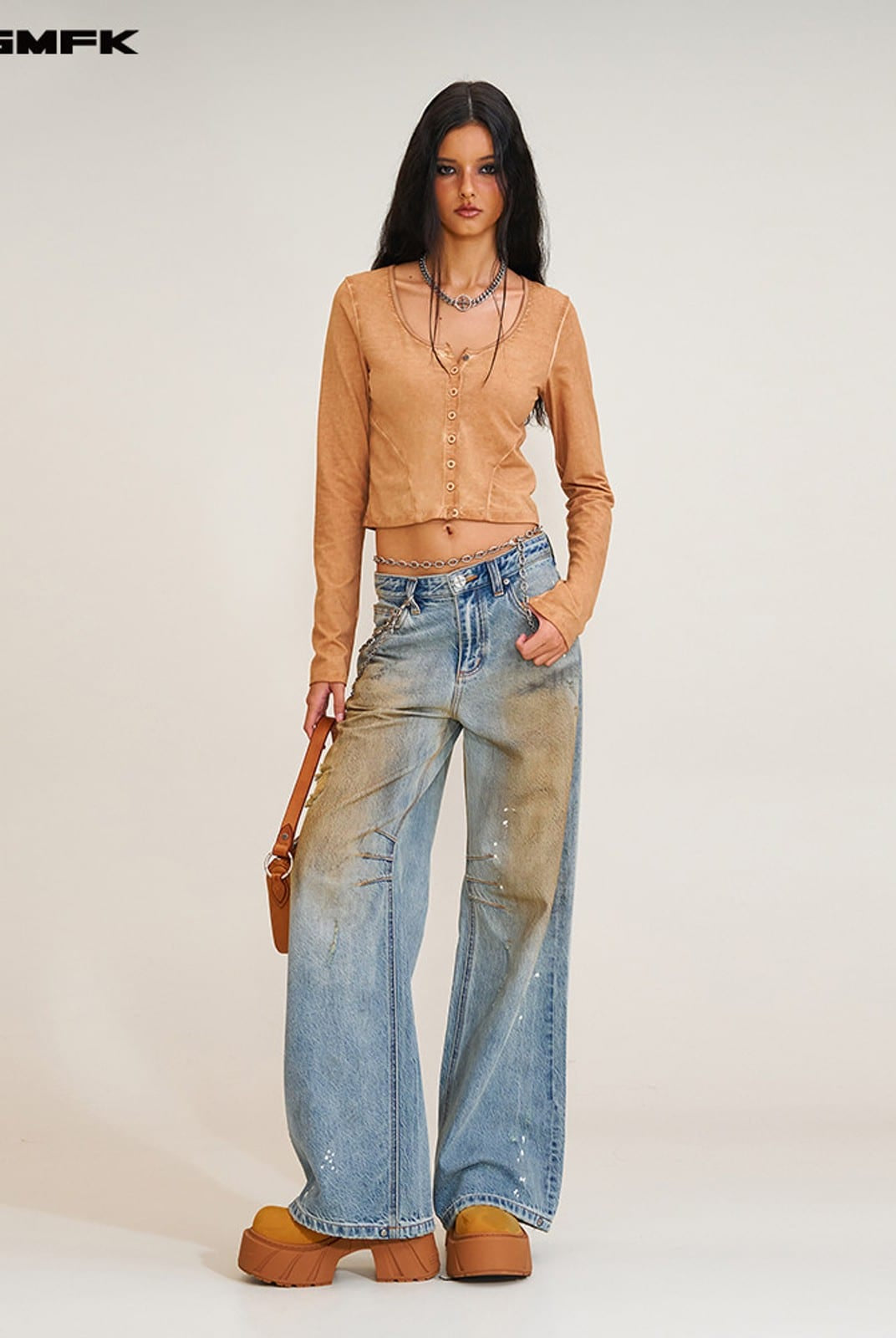 SMFK Distressed Dirty Wash Wide Leg Jeans in Denim - On Female Model