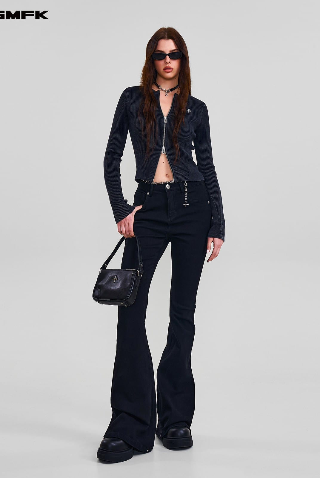 SMFK Stretch Cotton Blend Flared Jeans in Black - On Female Model